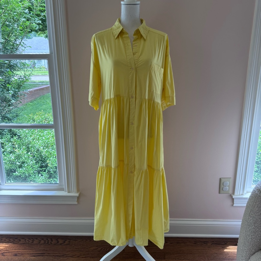 Mable Yellow Tiered Ruffle Midi Dress Shirtdress Button Front Size L - Picture 4 of 9